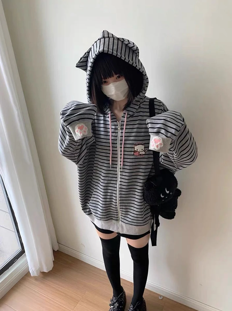 Cartoon Embroidery Women Hoodies Japanese Sweet Cute Cat Ears Striped Hooded Sweatshirts Harajuku Streetwear Loose Casual Coats