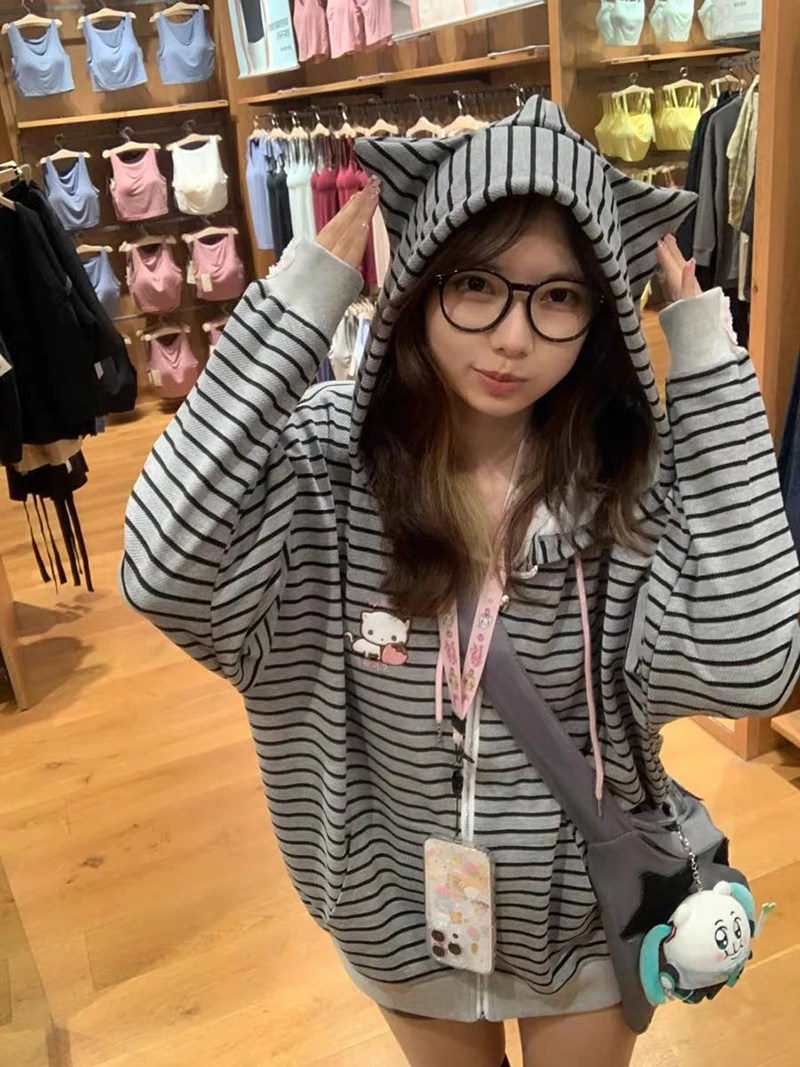 Cartoon Embroidery Women Hoodies Japanese Sweet Cute Cat Ears Striped Hooded Sweatshirts Harajuku Streetwear Loose Casual Coats