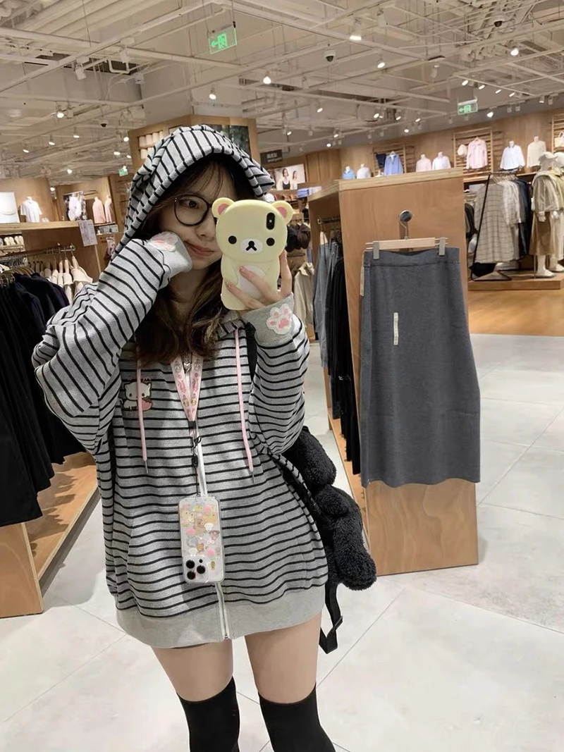 Cartoon Embroidery Women Hoodies Japanese Sweet Cute Cat Ears Striped Hooded Sweatshirts Harajuku Streetwear Loose Casual Coats