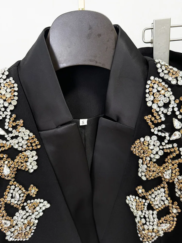 HIGH STREET Newest 2026 Designer Suit Women Beaded Diamonds Stand Collar Single Button Blazer Wide-leg Pants Set 2PCS