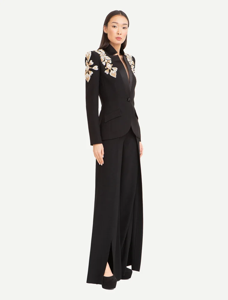 HIGH STREET Newest 2026 Designer Suit Women Beaded Diamonds Stand Collar Single Button Blazer Wide-leg Pants Set 2PCS