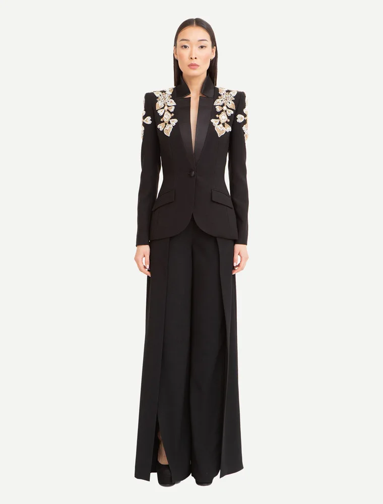 HIGH STREET Newest 2026 Designer Suit Women Beaded Diamonds Stand Collar Single Button Blazer Wide-leg Pants Set 2PCS