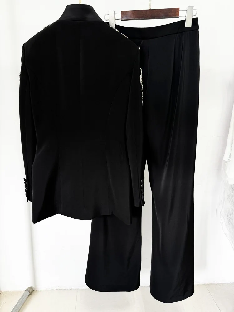 HIGH STREET Newest 2026 Designer Suit Women Beaded Diamonds Stand Collar Single Button Blazer Wide-leg Pants Set 2PCS