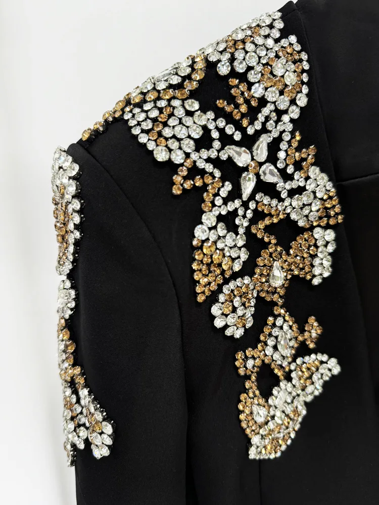 HIGH STREET Newest 2026 Designer Suit Women Beaded Diamonds Stand Collar Single Button Blazer Wide-leg Pants Set 2PCS