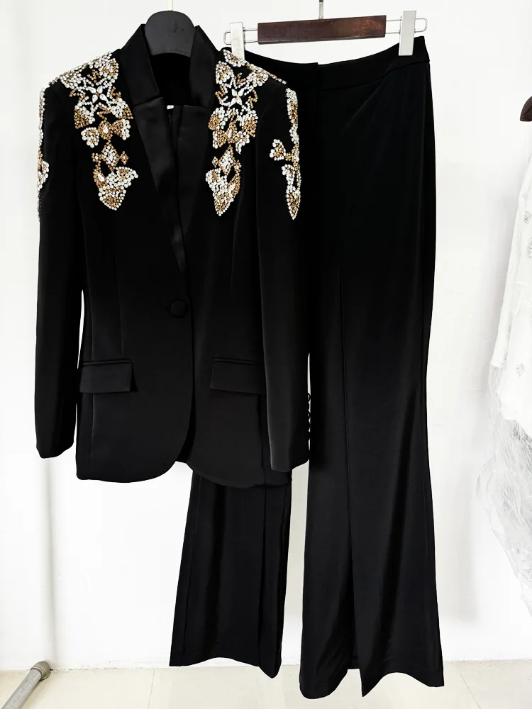 HIGH STREET Newest 2026 Designer Suit Women Beaded Diamonds Stand Collar Single Button Blazer Wide-leg Pants Set 2PCS