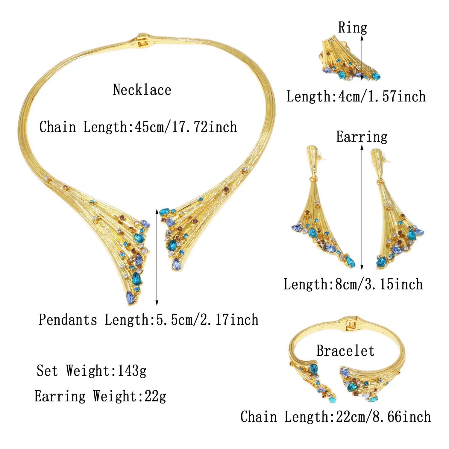 Dubai Gold Plated Woman Jewelry Set Women's Luxury Blue Stone Necklace Bracelet Ring Set Jewelry Sets Wedding Party