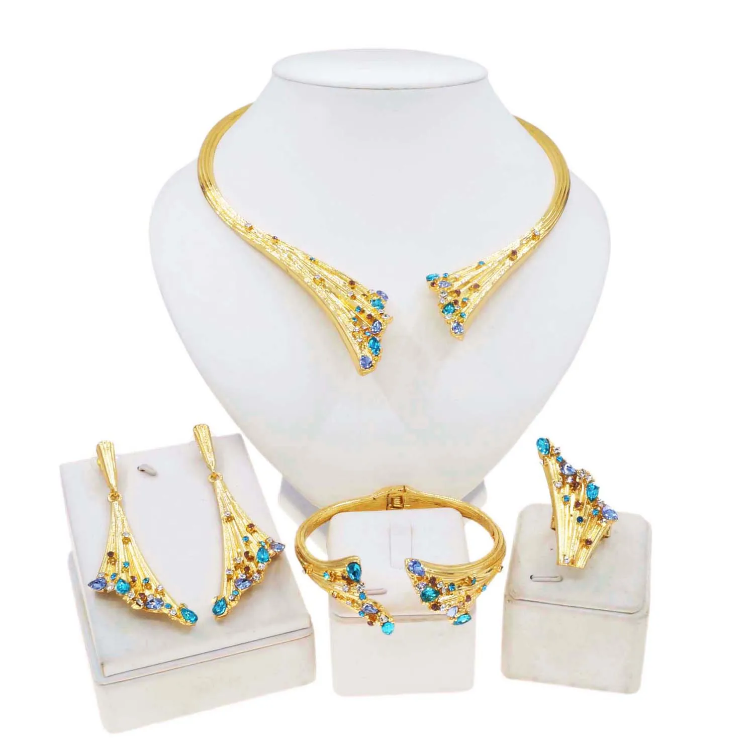 Dubai Gold Plated Woman Jewelry Set Women's Luxury Blue Stone Necklace Bracelet Ring Set Jewelry Sets Wedding Party