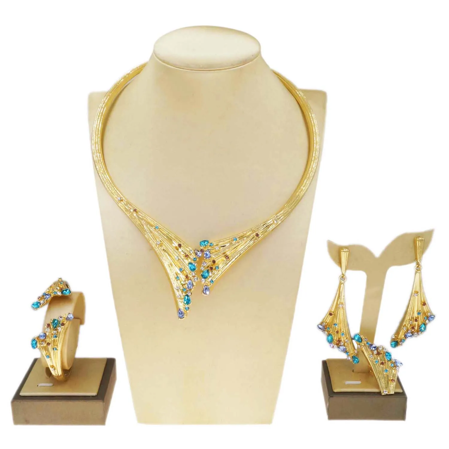 Dubai Gold Plated Woman Jewelry Set Women's Luxury Blue Stone Necklace Bracelet Ring Set Jewelry Sets Wedding Party