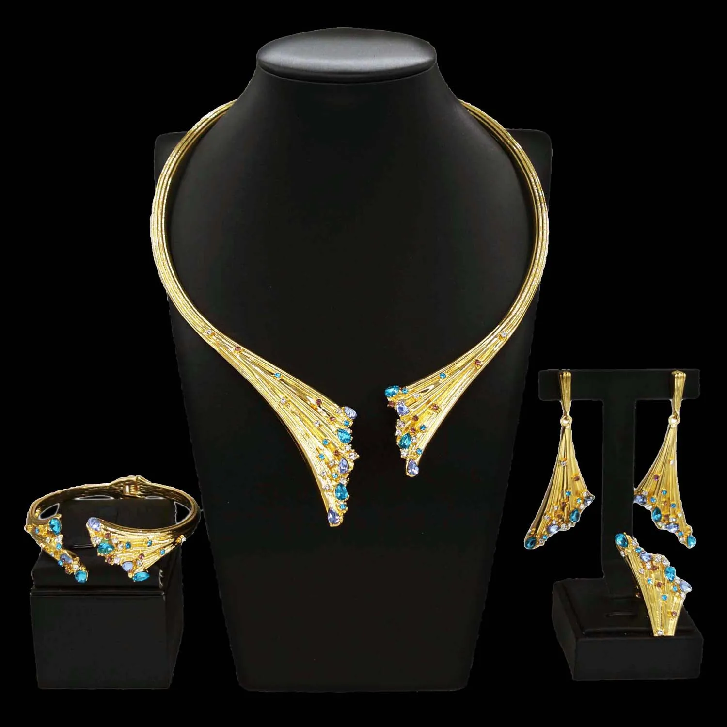 Dubai Gold Plated Woman Jewelry Set Women's Luxury Blue Stone Necklace Bracelet Ring Set Jewelry Sets Wedding Party