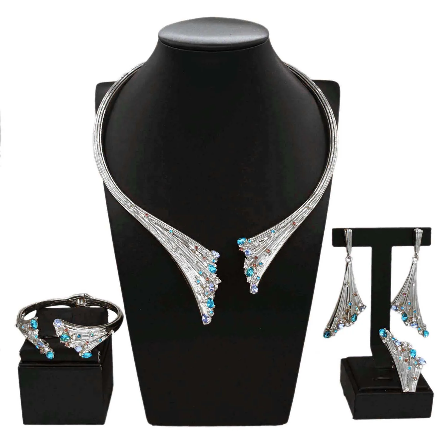 Dubai Gold Plated Woman Jewelry Set Women's Luxury Blue Stone Necklace Bracelet Ring Set Jewelry Sets Wedding Party