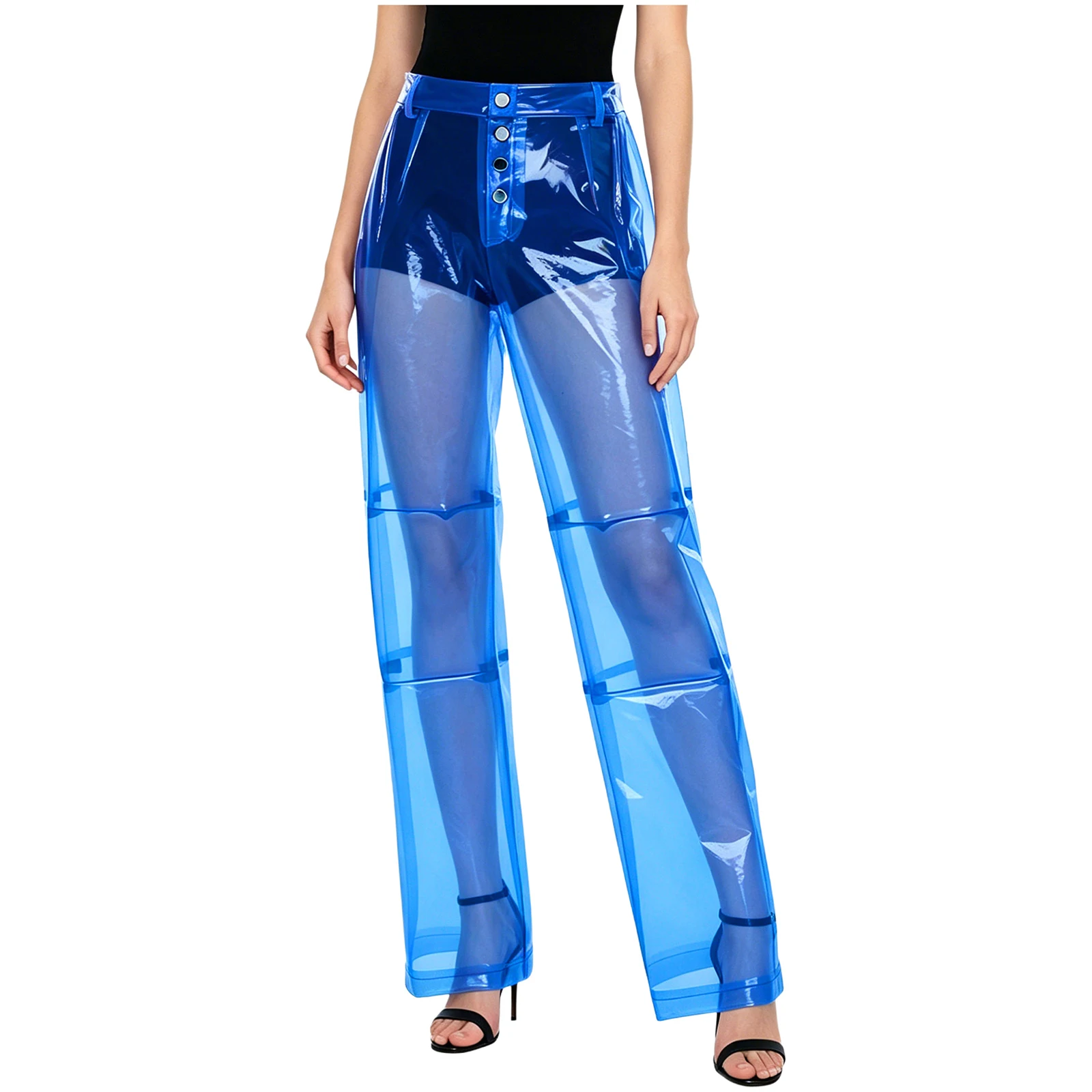 Women Pvc Pants Button Waist Back Pockets Wide Leg Straight-leg Trousers Cover Up See Through Bottoms for Party Dancing Prom