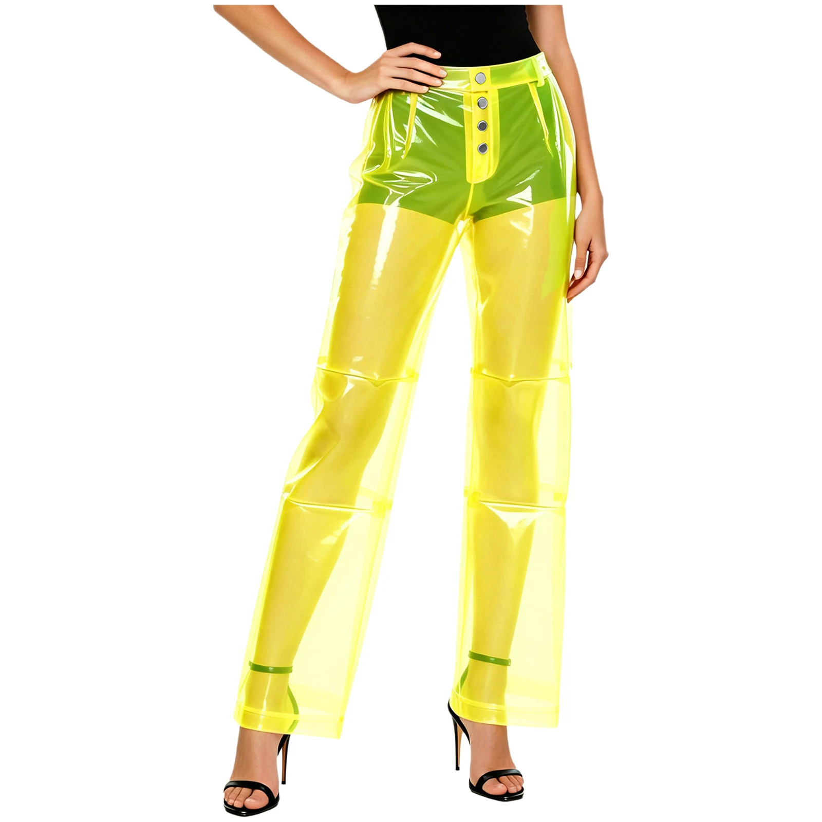 Women Pvc Pants Button Waist Back Pockets Wide Leg Straight-leg Trousers Cover Up See Through Bottoms for Party Dancing Prom