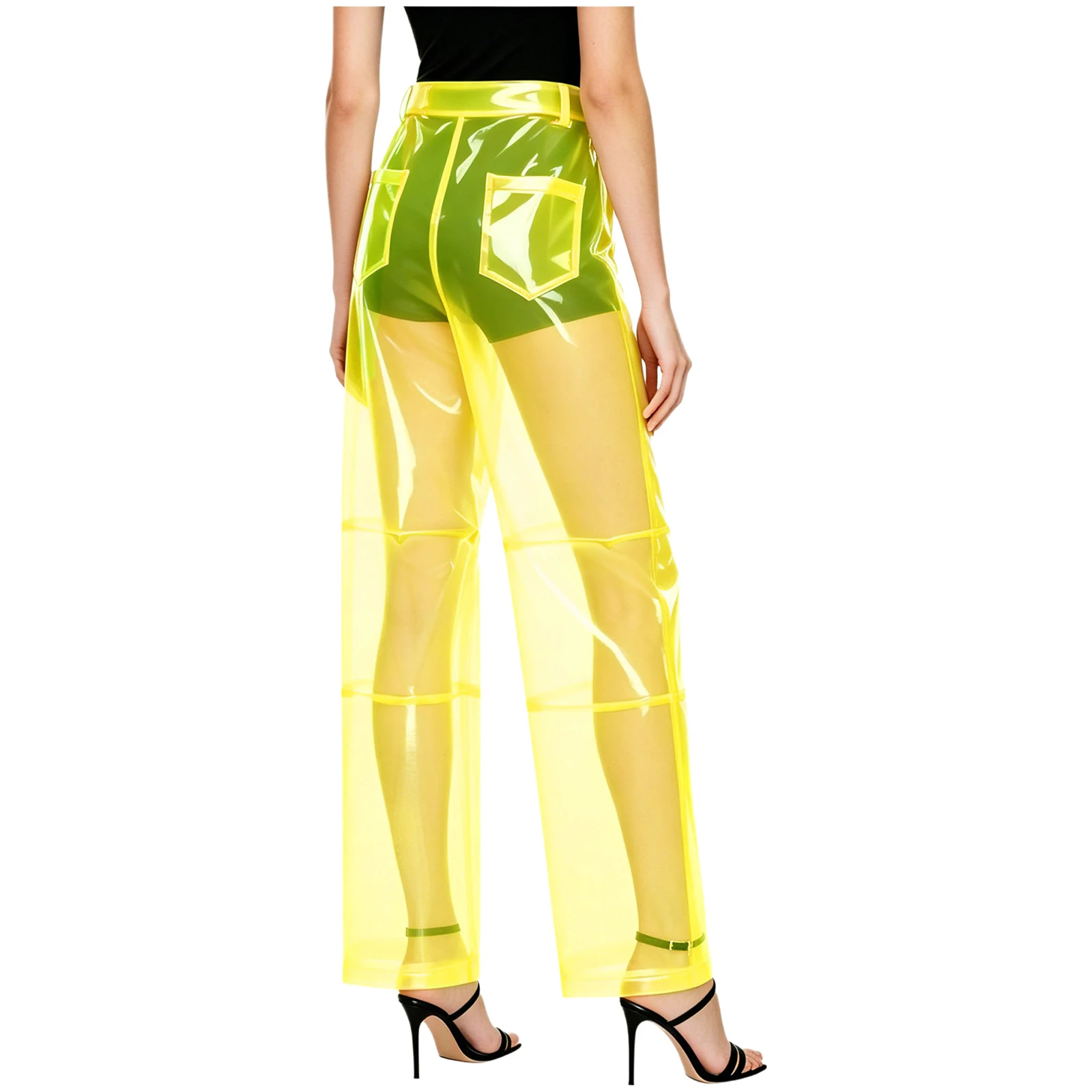 Women Pvc Pants Button Waist Back Pockets Wide Leg Straight-leg Trousers Cover Up See Through Bottoms for Party Dancing Prom