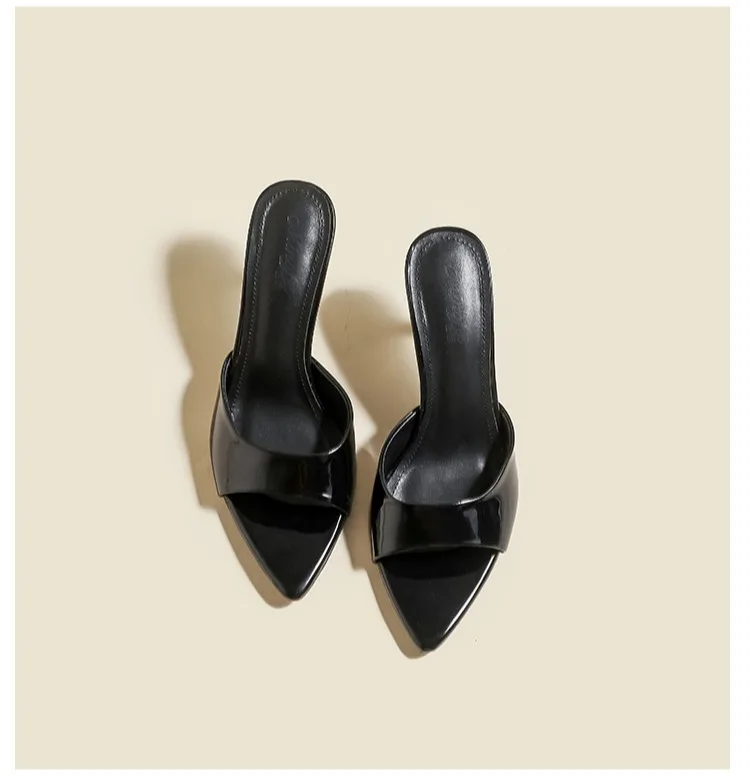 Women's Slippers 2026 New Summer Slim Heel Pointed Toe Worn with A Straight Drag Patent Leather High-heeled Slippers for Womens