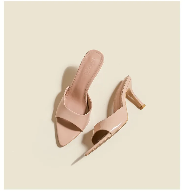 Women's Slippers 2026 New Summer Slim Heel Pointed Toe Worn with A Straight Drag Patent Leather High-heeled Slippers for Womens