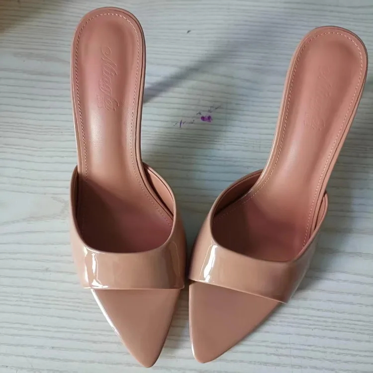 Women's Slippers 2026 New Summer Slim Heel Pointed Toe Worn with A Straight Drag Patent Leather High-heeled Slippers for Womens