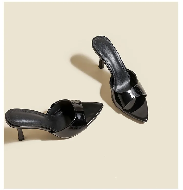 Women's Slippers 2026 New Summer Slim Heel Pointed Toe Worn with A Straight Drag Patent Leather High-heeled Slippers for Womens