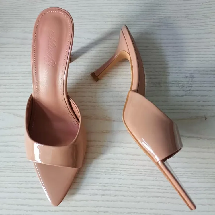 Women's Slippers 2026 New Summer Slim Heel Pointed Toe Worn with A Straight Drag Patent Leather High-heeled Slippers for Womens