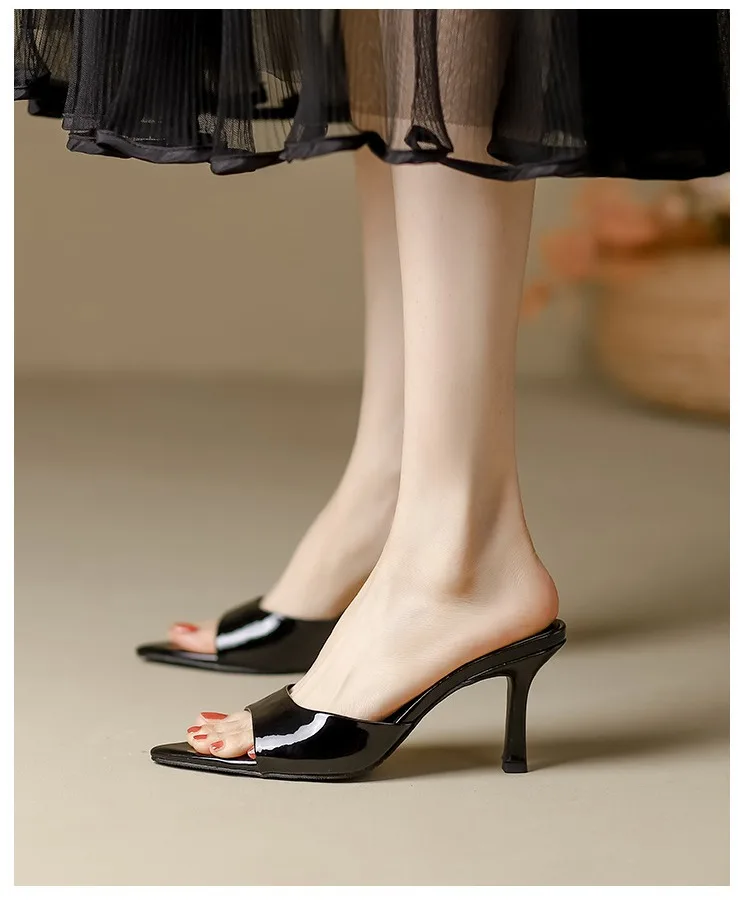 Women's Slippers 2026 New Summer Slim Heel Pointed Toe Worn with A Straight Drag Patent Leather High-heeled Slippers for Womens
