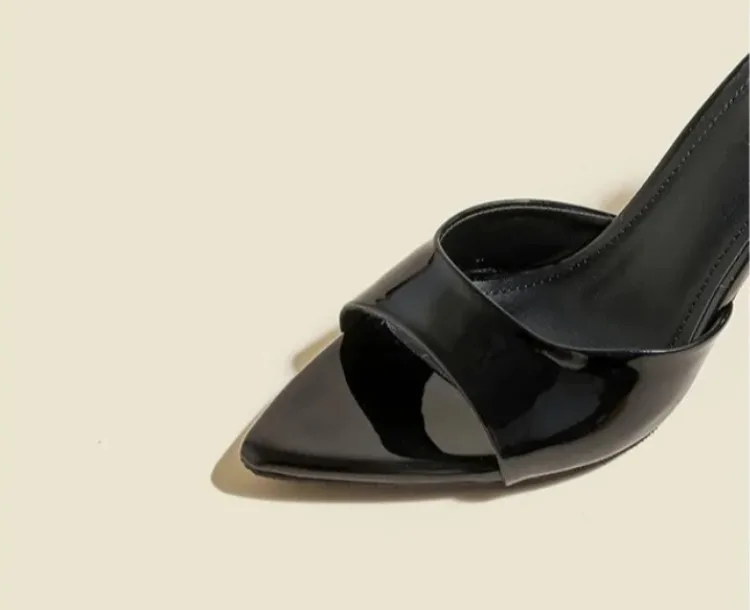 Women's Slippers 2026 New Summer Slim Heel Pointed Toe Worn with A Straight Drag Patent Leather High-heeled Slippers for Womens