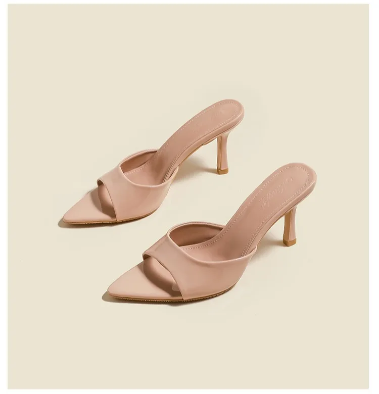 Women's Slippers 2026 New Summer Slim Heel Pointed Toe Worn with A Straight Drag Patent Leather High-heeled Slippers for Womens