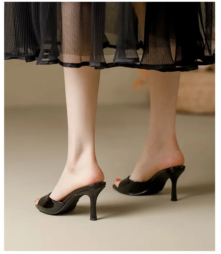 Women's Slippers 2026 New Summer Slim Heel Pointed Toe Worn with A Straight Drag Patent Leather High-heeled Slippers for Womens