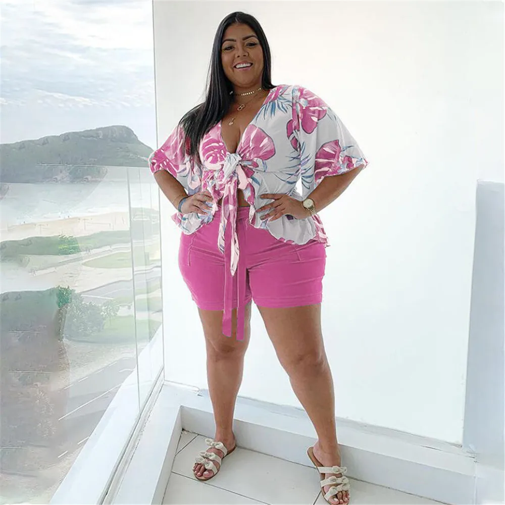 Smstar Plus Size Two Piece Set Women Summer Flowers Print Crop Top Short Sets Beach Style Matching Set Wholesale Drop Shipping