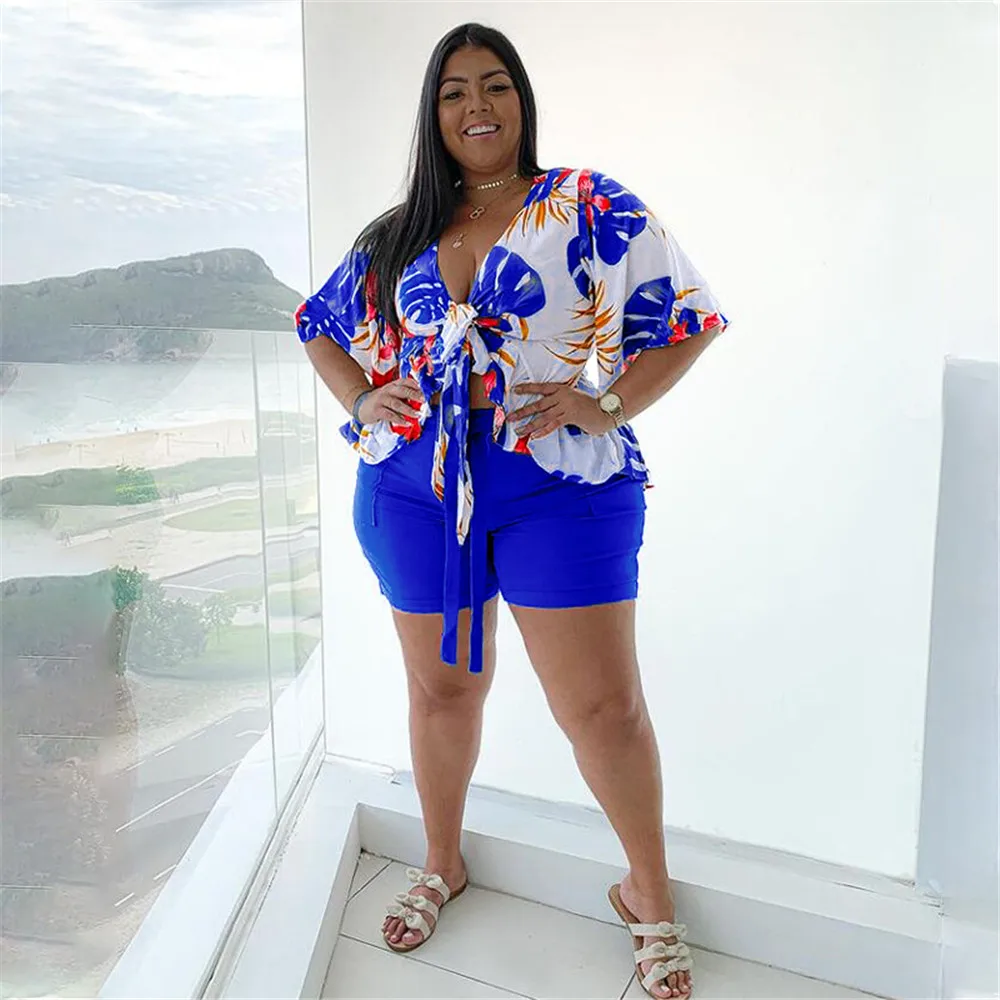 Smstar Plus Size Two Piece Set Women Summer Flowers Print Crop Top Short Sets Beach Style Matching Set Wholesale Drop Shipping