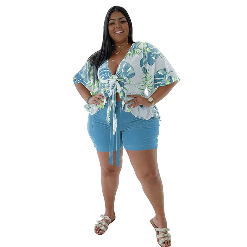 Smstar Plus Size Two Piece Set Women Summer Flowers Print Crop Top Short Sets Beach Style Matching Set Wholesale Drop Shipping
