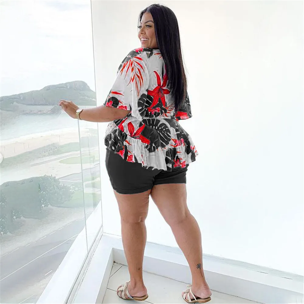 Smstar Plus Size Two Piece Set Women Summer Flowers Print Crop Top Short Sets Beach Style Matching Set Wholesale Drop Shipping