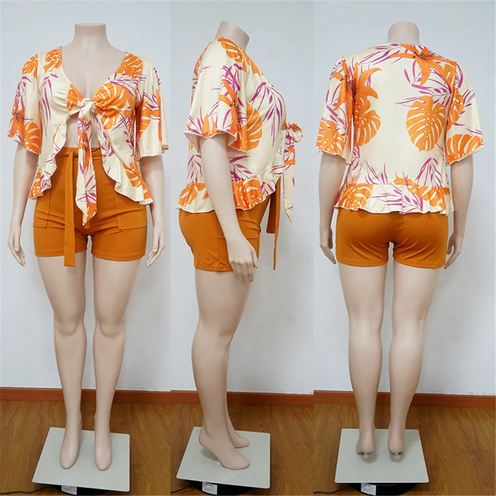 Smstar Plus Size Two Piece Set Women Summer Flowers Print Crop Top Short Sets Beach Style Matching Set Wholesale Drop Shipping