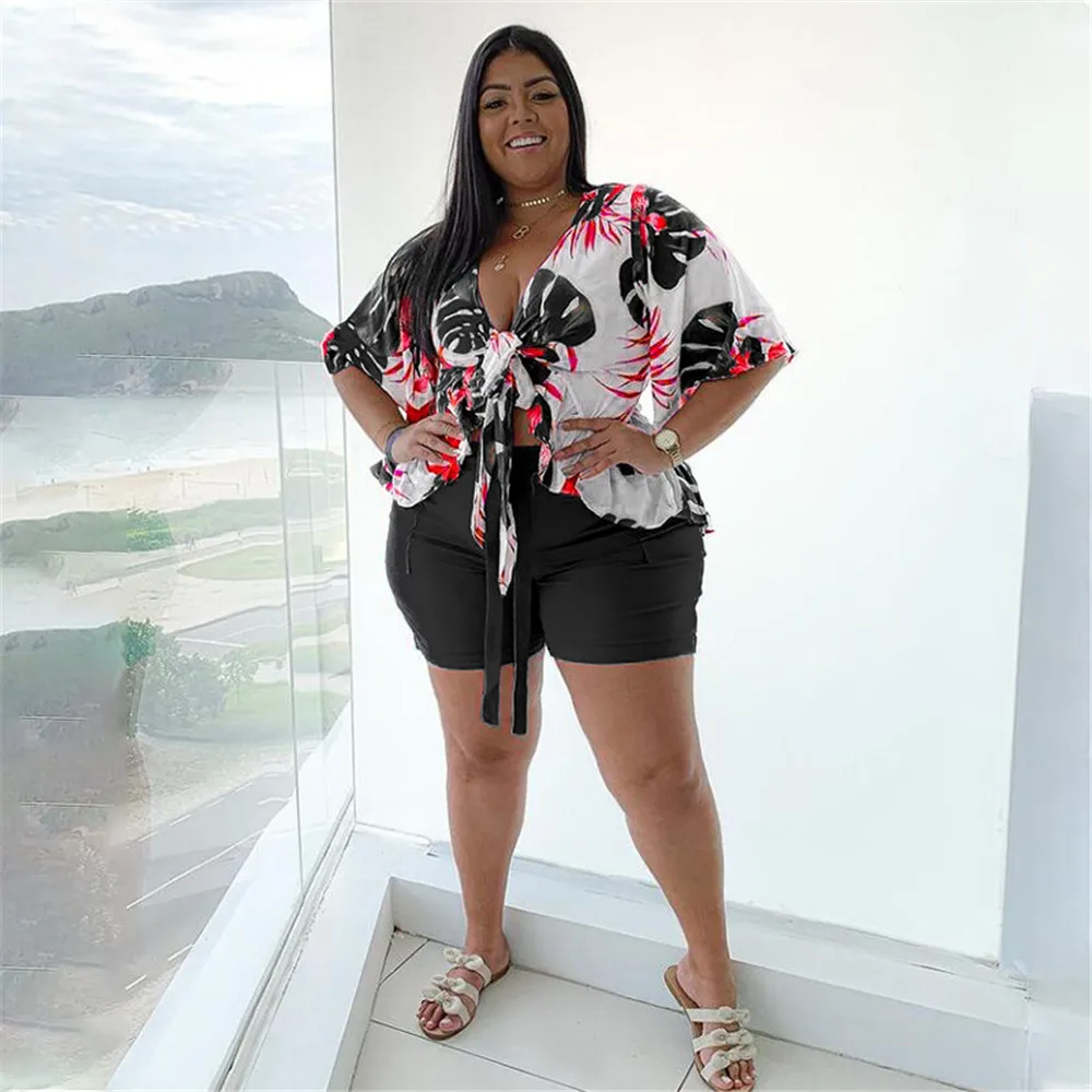 Smstar Plus Size Two Piece Set Women Summer Flowers Print Crop Top Short Sets Beach Style Matching Set Wholesale Drop Shipping