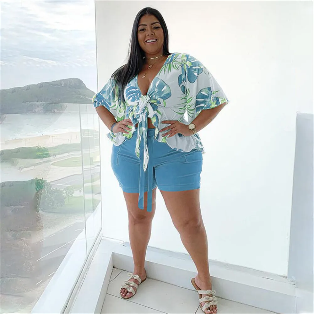 Smstar Plus Size Two Piece Set Women Summer Flowers Print Crop Top Short Sets Beach Style Matching Set Wholesale Drop Shipping