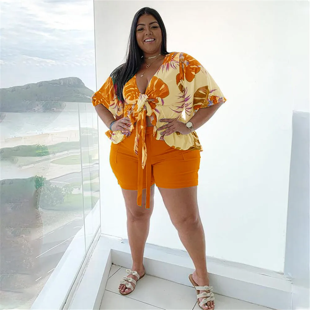 Smstar Plus Size Two Piece Set Women Summer Flowers Print Crop Top Short Sets Beach Style Matching Set Wholesale Drop Shipping
