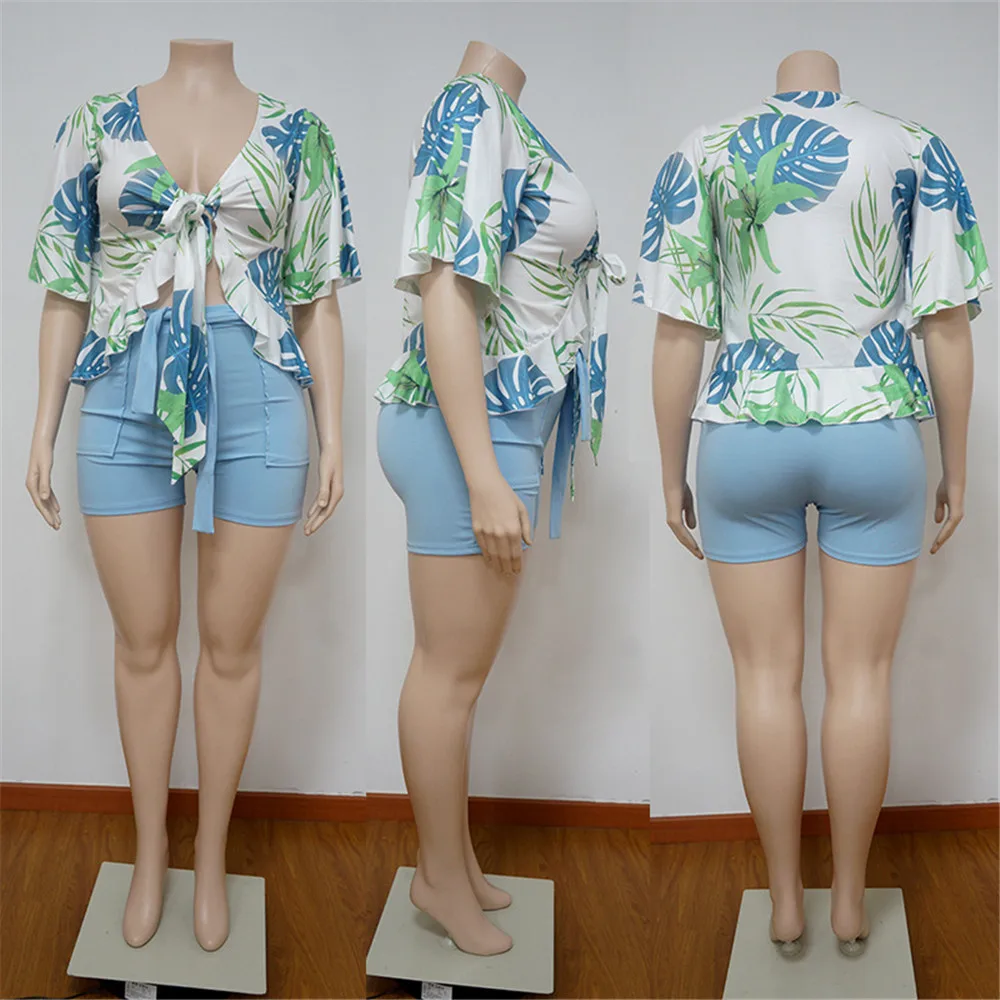 Smstar Plus Size Two Piece Set Women Summer Flowers Print Crop Top Short Sets Beach Style Matching Set Wholesale Drop Shipping