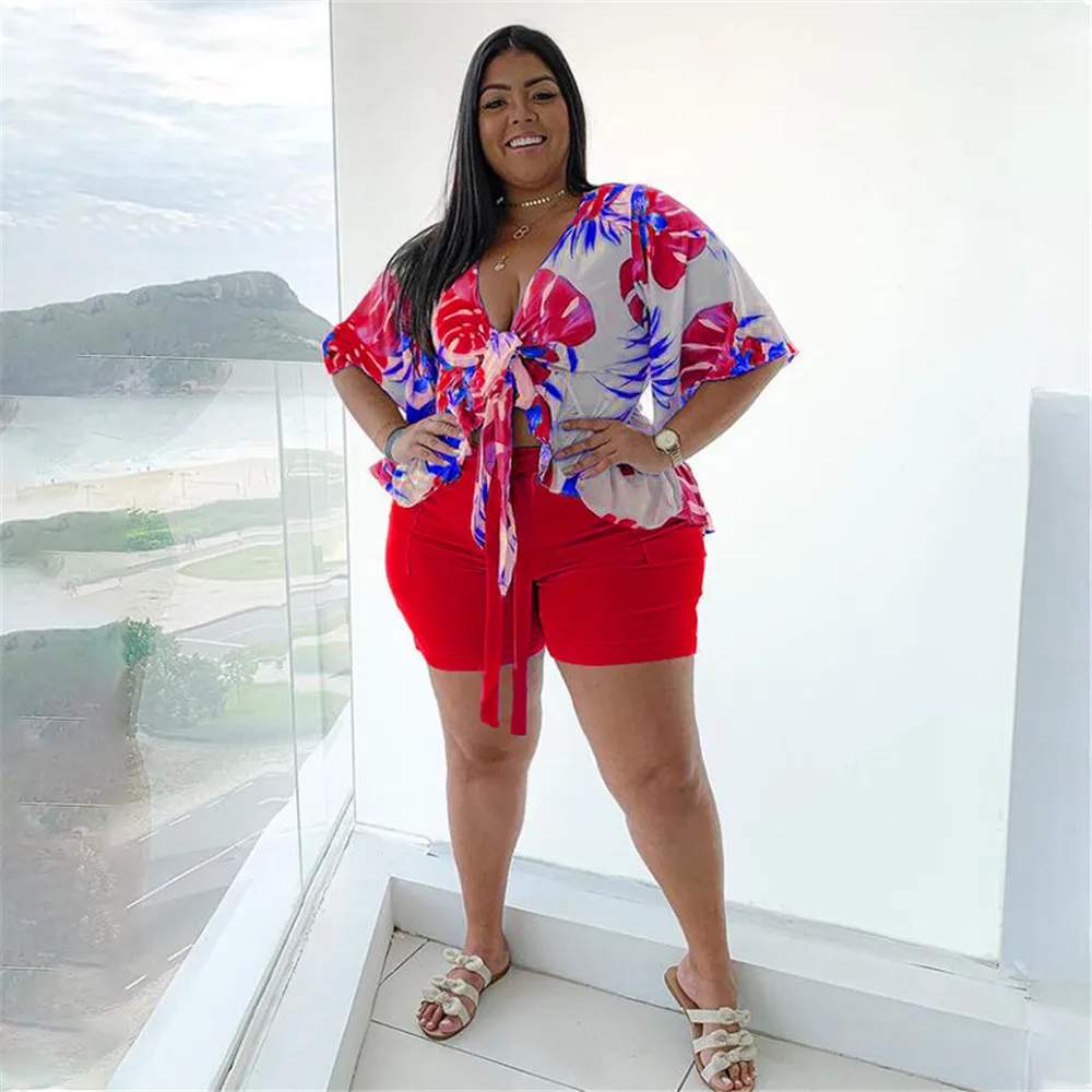 Smstar Plus Size Two Piece Set Women Summer Flowers Print Crop Top Short Sets Beach Style Matching Set Wholesale Drop Shipping