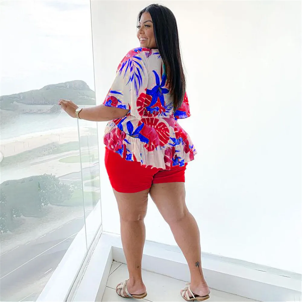 Smstar Plus Size Two Piece Set Women Summer Flowers Print Crop Top Short Sets Beach Style Matching Set Wholesale Drop Shipping