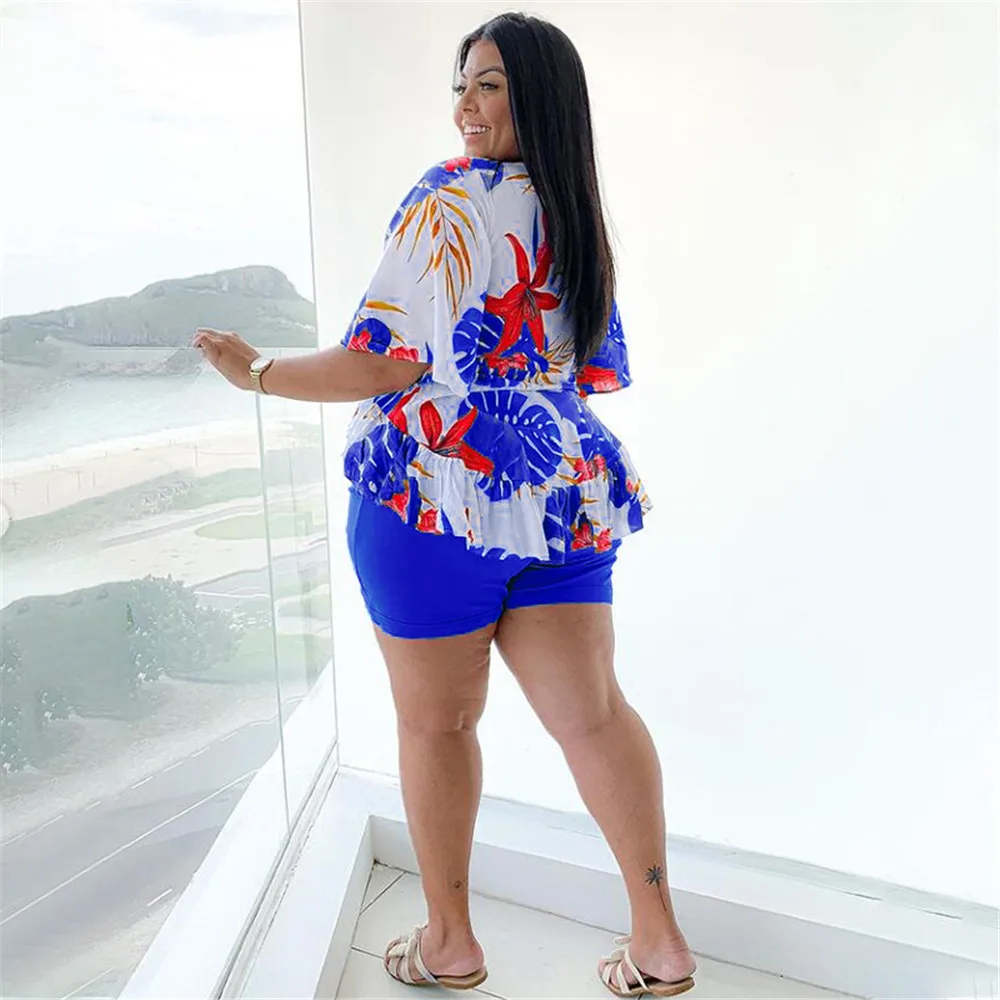 Smstar Plus Size Two Piece Set Women Summer Flowers Print Crop Top Short Sets Beach Style Matching Set Wholesale Drop Shipping