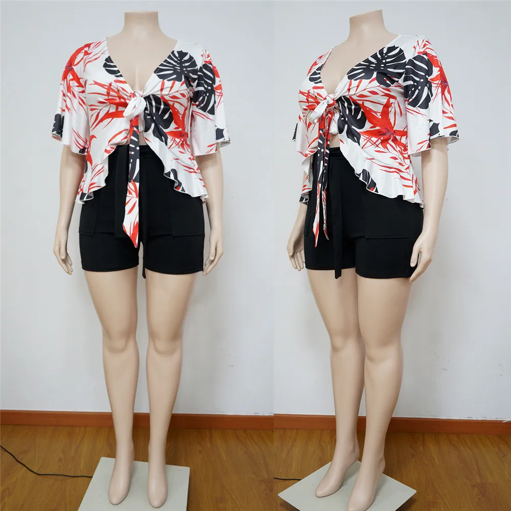 Smstar Plus Size Two Piece Set Women Summer Flowers Print Crop Top Short Sets Beach Style Matching Set Wholesale Drop Shipping