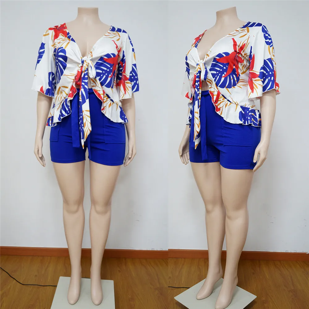 Smstar Plus Size Two Piece Set Women Summer Flowers Print Crop Top Short Sets Beach Style Matching Set Wholesale Drop Shipping