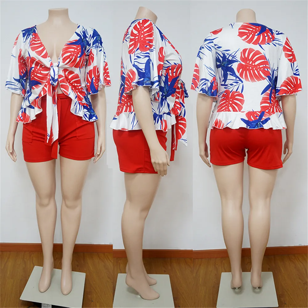 Smstar Plus Size Two Piece Set Women Summer Flowers Print Crop Top Short Sets Beach Style Matching Set Wholesale Drop Shipping