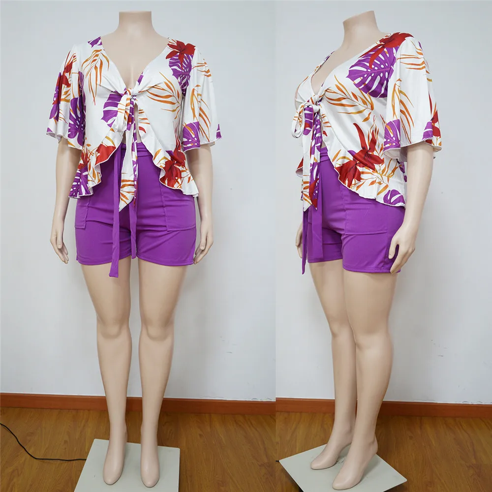 Smstar Plus Size Two Piece Set Women Summer Flowers Print Crop Top Short Sets Beach Style Matching Set Wholesale Drop Shipping