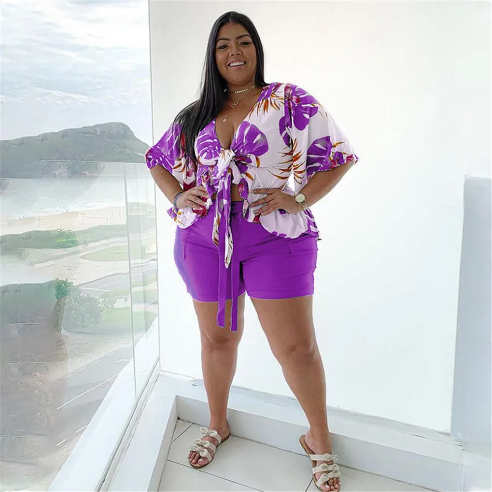 Smstar Plus Size Two Piece Set Women Summer Flowers Print Crop Top Short Sets Beach Style Matching Set Wholesale Drop Shipping