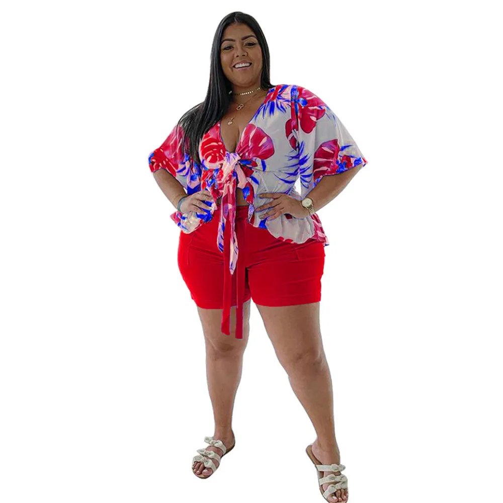 Smstar Plus Size Two Piece Set Women Summer Flowers Print Crop Top Short Sets Beach Style Matching Set Wholesale Drop Shipping