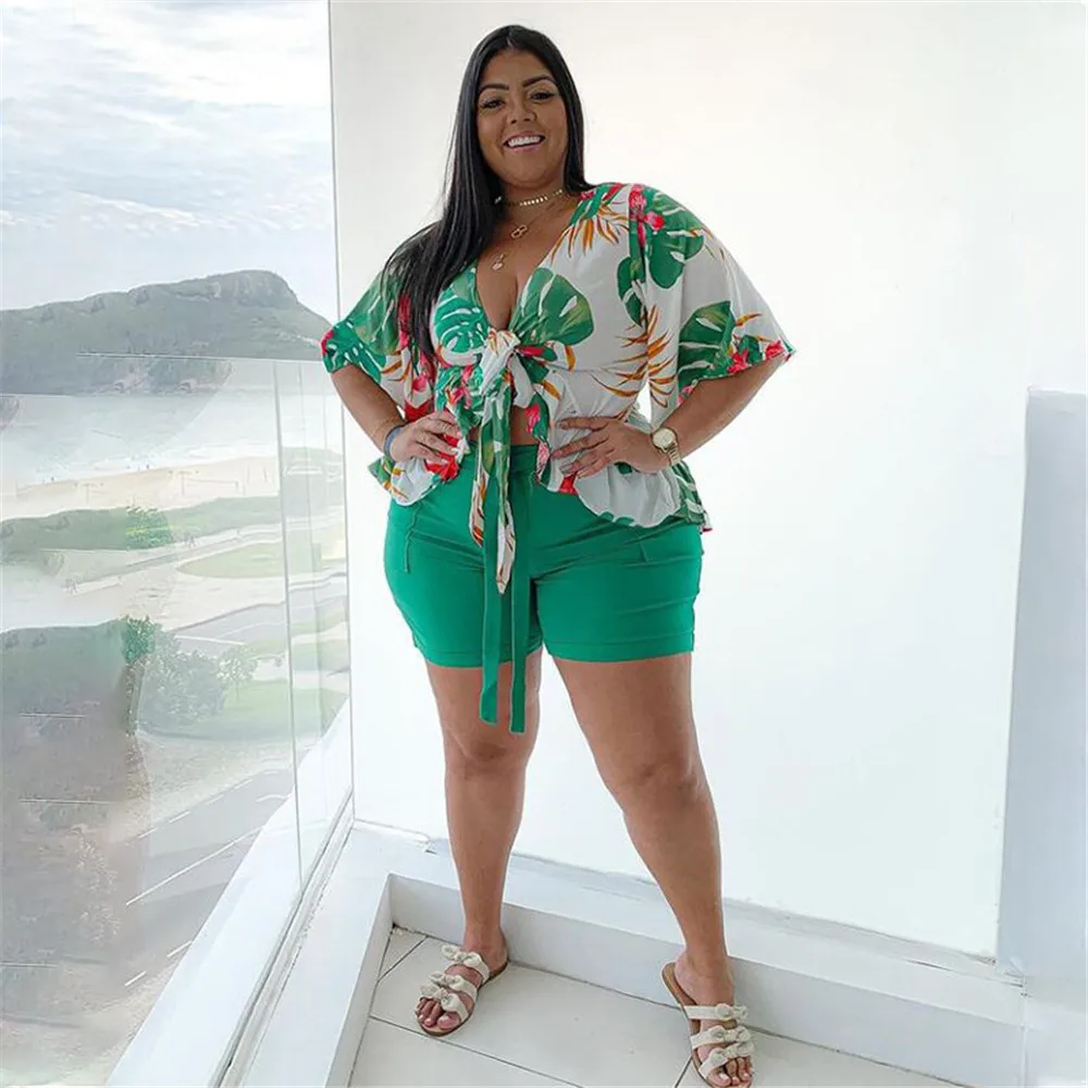 Smstar Plus Size Two Piece Set Women Summer Flowers Print Crop Top Short Sets Beach Style Matching Set Wholesale Drop Shipping