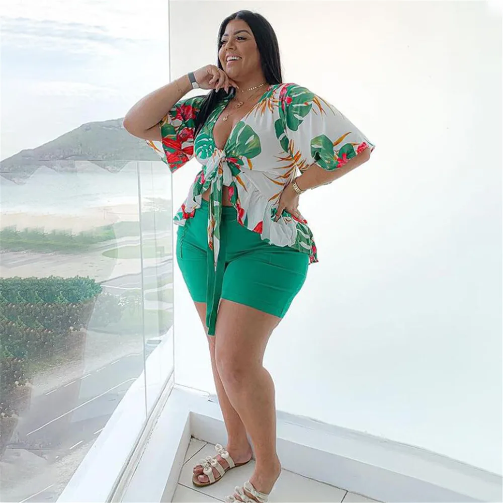 Smstar Plus Size Two Piece Set Women Summer Flowers Print Crop Top Short Sets Beach Style Matching Set Wholesale Drop Shipping