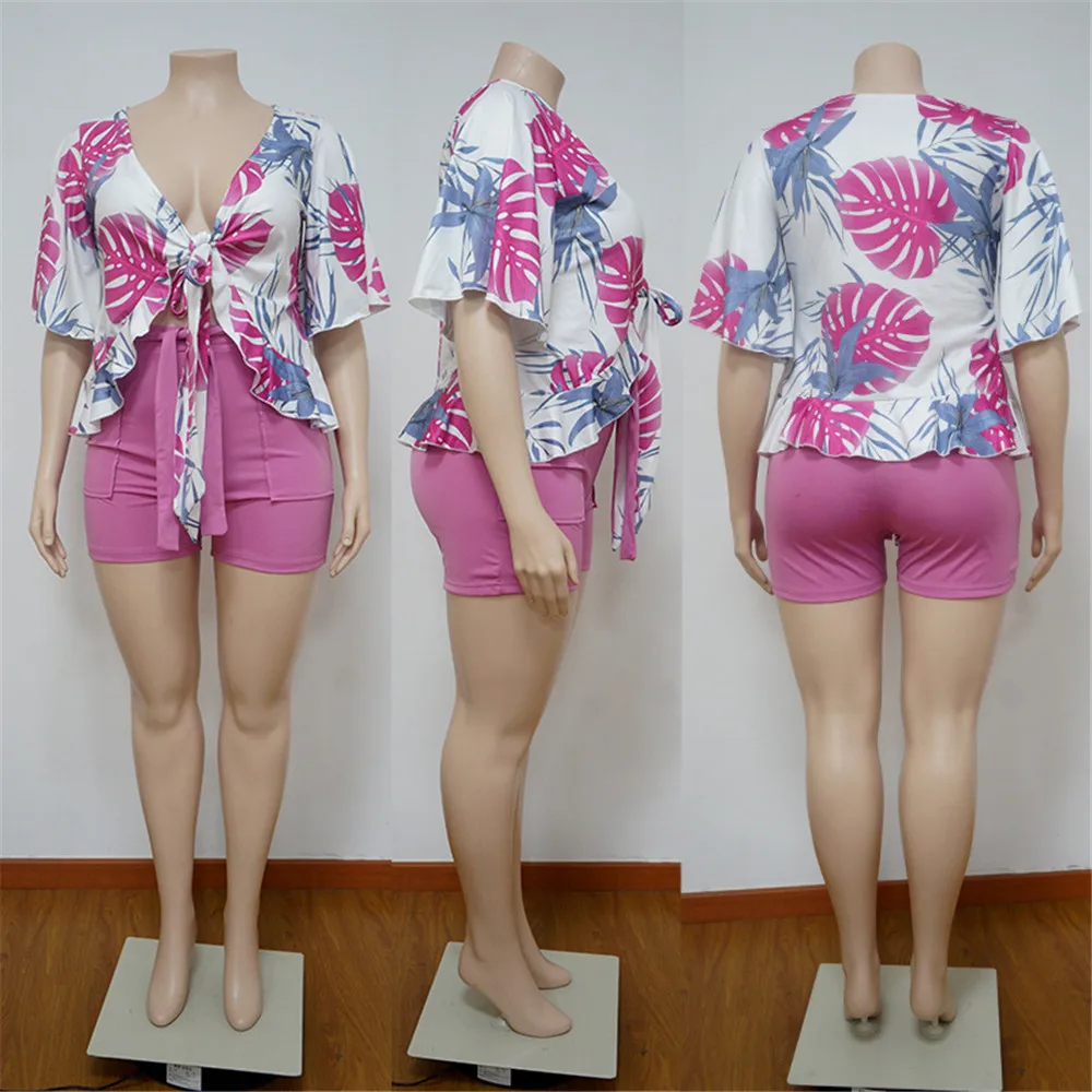 Smstar Plus Size Two Piece Set Women Summer Flowers Print Crop Top Short Sets Beach Style Matching Set Wholesale Drop Shipping