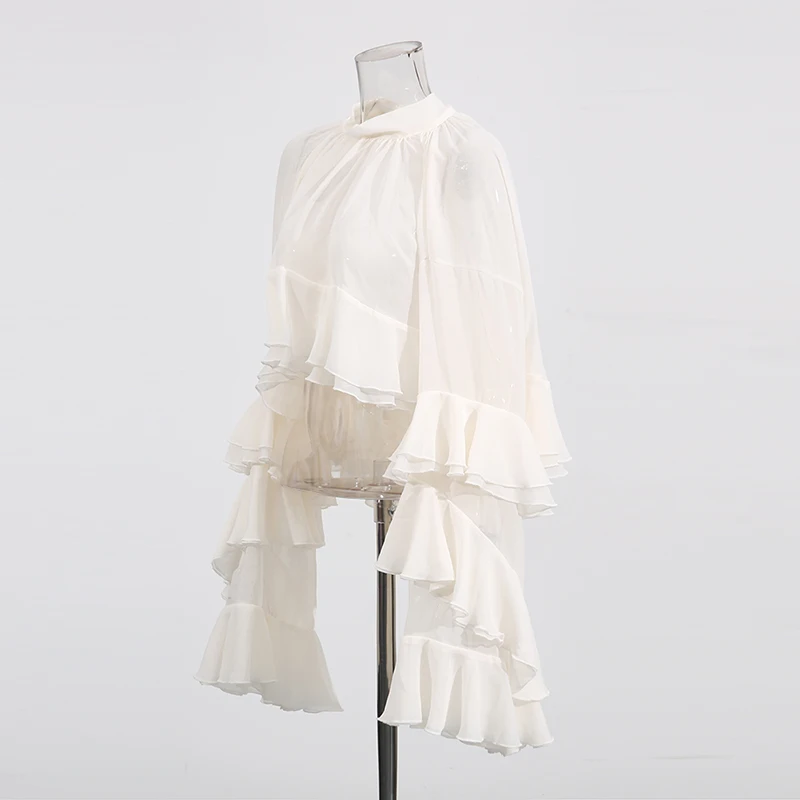 TWOTWINSTYLE Solid Loose Sheer Blouses for Women High Neck Long Sleeves Patchwork Ruffles Folds Elegant Blouse Female Clothing