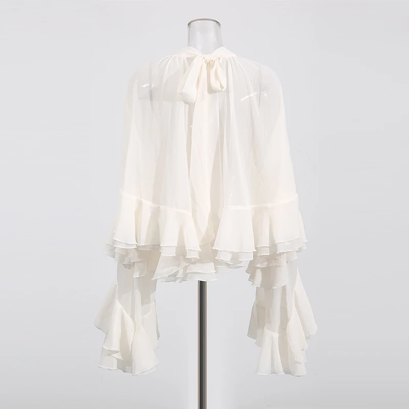 TWOTWINSTYLE Solid Loose Sheer Blouses for Women High Neck Long Sleeves Patchwork Ruffles Folds Elegant Blouse Female Clothing