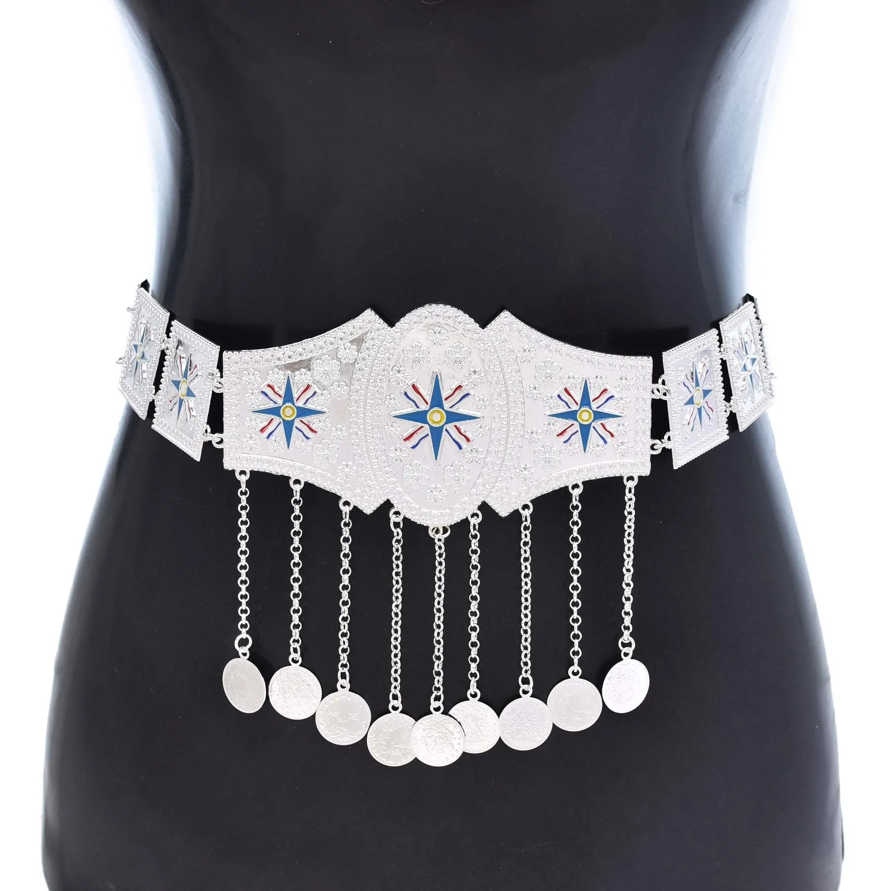 Silver Plated Assyrian National Flag Pattern Heavy Waist Belly Chains Alloy Cross Coin Leaf Tassel Belts Trendy Body Jewelry